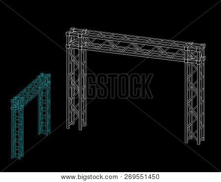 Truss Construction. Isolated On Black Background. Vector Outline Illustration. Dimetric Projection.