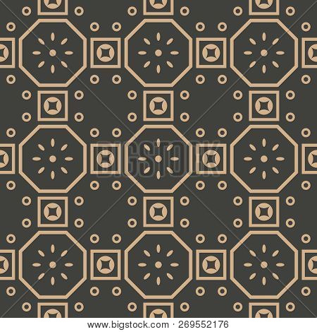 Vector Damask Seamless Retro Pattern Background Oriental Polygon Square Geometry Cross Round Frame C