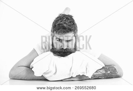 Bearded Guy Waking Up In Morning Lay On White Pillow