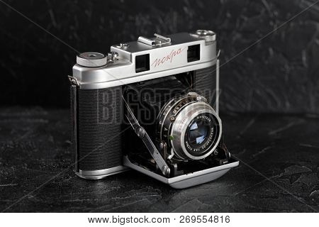 Moscow, Russia, January 03, 2018. The Old Soviet Medium Format Rangefinder Camera Iskra, Released196