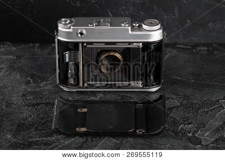 Moscow, Russia, January 03, 2018. The Old Soviet Medium Format Rangefinder Camera Iskra, Released196