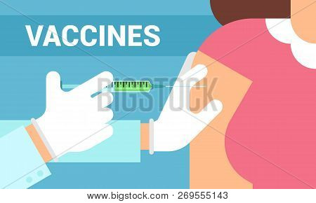 Doctor Hand With Syringe Making Vaccination Of Patient. Vector Illustration In Flat Style