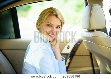 Personal Assistant And Driver. Business Life Concept. Business Woman Sit On Backseat. Busy Lady Pass