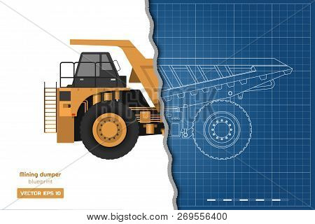 Blueprint Of Mining Dumper. Side, Back And Front View. Outline Heavy Truck Image. Industrial Drawing
