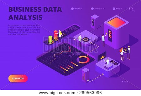 Data Analysis Isometric Concept. People Work On Infographic Chart, Dashboard Database. Digital Techn