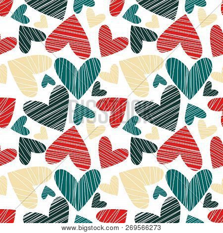 Seamless Pattern With Hearts. Art Can Be Used For Holiday Packing: Birthday, Happy New Year, Christm