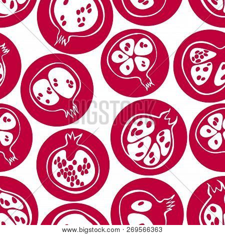 Seamless Pattern With Outline Pomegranate On Crimson Circles. Hand Drawn Doodle Art.