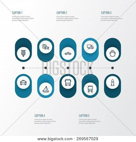 Transport Icons Line Style Set With Autobus, Parking, Carriage And Other Rocket Elements. Isolated V