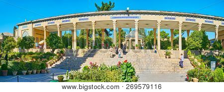 Shiraz, Iran - October 13, 2017: Panorama Of The Scenic Entrance Colonnade At The Tomb Of Hafez, Dec