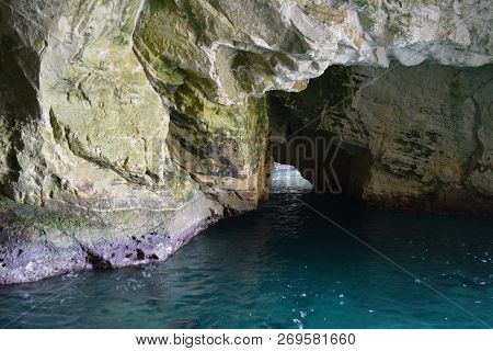 Blue Grottoes On The Mediterranean Sea In Rosh Hanikra In Israel