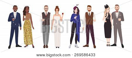 Bundle Of Elegant Romantic Couples In Evening Outfits Holding Glasses With Drinks. Set Of Fashionabl