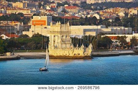 Lisbon, Portugal - October 02, 2014: Belem Tower, A Famous Masterpiece Of The Portuguese Gothic Styl