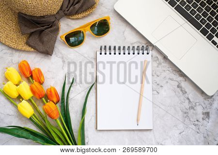 Flat Lay Photo Of Workspace.  Top View Mock Up Notebooks, Flowwer, Copy Space