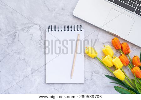 Flat Lay Photo Of Workspace.  Top View Mock Up Notebooks, Flowwer, Copy Space