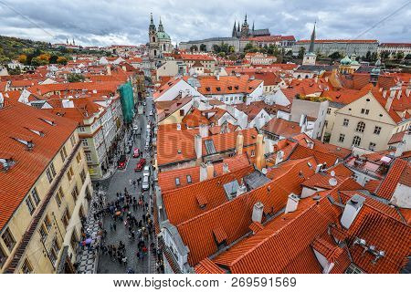 View On Saint Vitus Cathedral And The Roofs Of Prague Castle. St. Cityscape Of Prague, Czech Republi