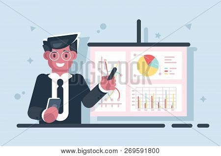 Cartoon Businessman With Pointer Stick Presentation Chart