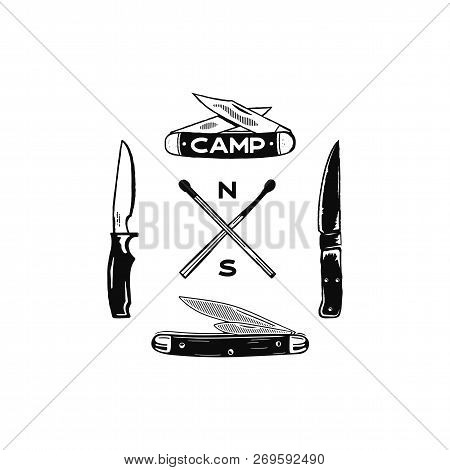 Vintage Hand Drawn Camping Adventure Icons. Hiking Shapes - Matches And Knifes. Retro Monochrome Des