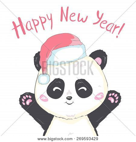 Cute Panda In Santas Hat In Red Bag With Gifts Vector Image Isolated. Cartoon Panda Bear Gets Out Of