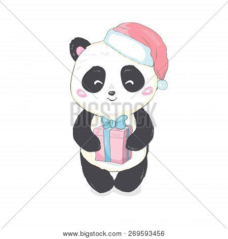 Cute Panda In Santas Hat In Red Bag With Gifts Vector Image Isolated. Cartoon Panda Bear Gets Out Of