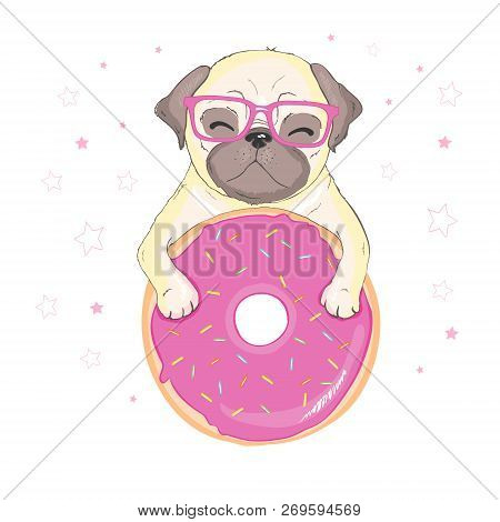 Cute Pug Dog Vector Flat Character With Red Tongue And Happy Face On A Blue Background