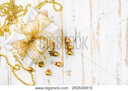 Topv View Of Golden Christmas Gift Boxes