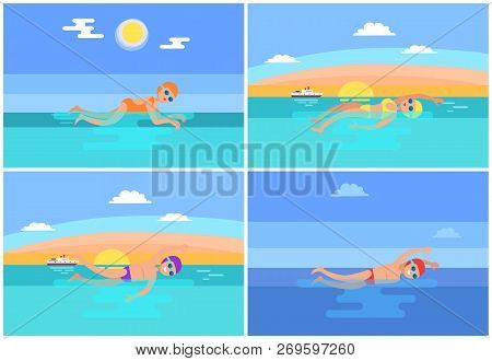 Backstroke And Butterfly Set Vector. Professional Swimmers Performing Freestyle And Breaststroke Swi