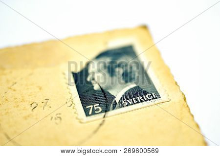 Resen, Macedonia - November 10, 2018: Vintage Postage Stamp On A Postcard From Sweden. Circa 1975.