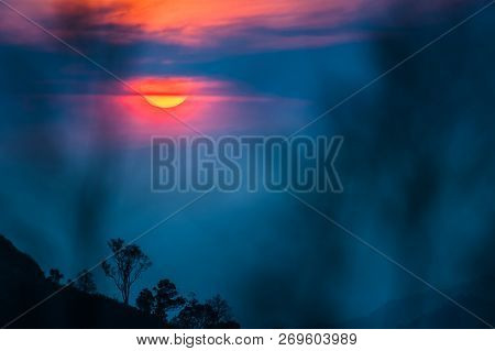 Silhouette Tree And Monutains Background Orange Sky , At Time Sunset-vintage Style