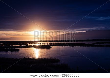 Sunset Golden Hour In Delta Del Ebro Natural Park, Tarragona, Catalunya, Spain