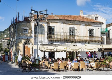 Ravello - October 5: People And Tourists Enjoy Coffee Time In The Main Square On October 5, 2014 In 