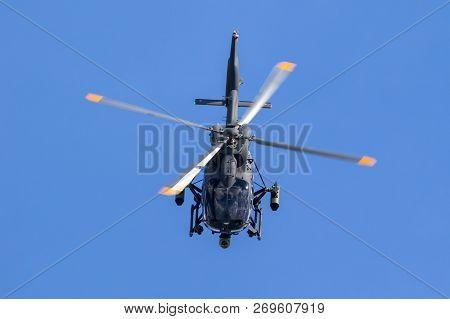 Berlin - Apr 27, 2018: New Airbus H145m Military Helicopter In Flight At The Berlin Ila Air Show.