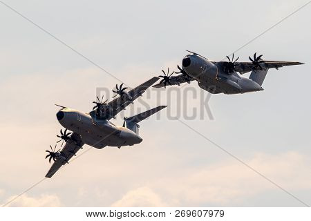 Wunstorf, Germany - June 9, 2018: Formation Of Two New German Air Force Luftwaffe Airbus A400m Milit