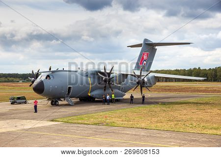 Kleine Brogel, Belgium - Sep 8, 2018: British Royal Air Force Airbus A400m Military Cargo Airplane O