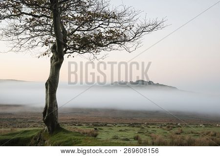 Stunning Foggy Sunrise Landscape Over The Tors In Dartmoor Revealing Peaks Through The Mist