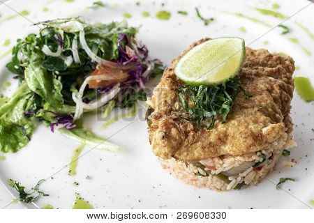 Fresh Fried Battered Cod Fish Fillet Summer Light Lunch Meal With Basque Mixed Vegetable Spicy Rice 