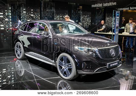 Paris - Oct 3, 2018: Mercedes Eqc 400 4matic Electric Suv Car Showcased At The Paris Motor Show.
