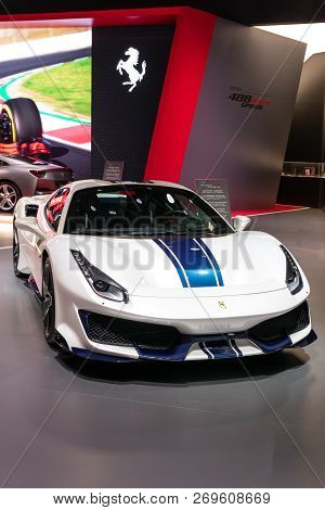 Paris - Oct 3, 2018: New Ferrari 488 Pista Spider Sports Car Showcased At The Paris Motor Show.