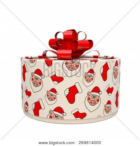 Conceptual Gift Box For The Year Of The Pig. Christmas Present. 3d Illustration
