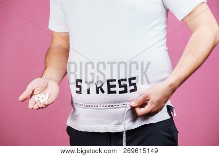 Stress, Mind Problems, Bulimia, Compulsive Overeating, Weight Gain. Overweight Man With Pills And Me