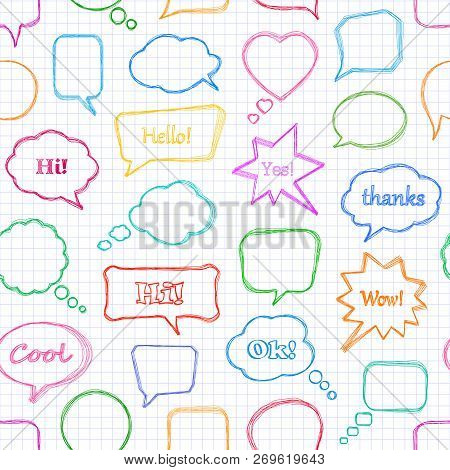 Doodle Colorful Speech Bubbles Seamless Pattern. Vector Talk And Thought Sketch Bubbles.