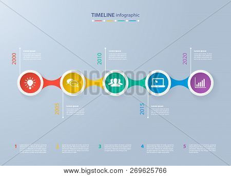 Infographics Timeline Template With Realistic Colorful Circles For 5 Steps And Icons. Can Be Used Fo