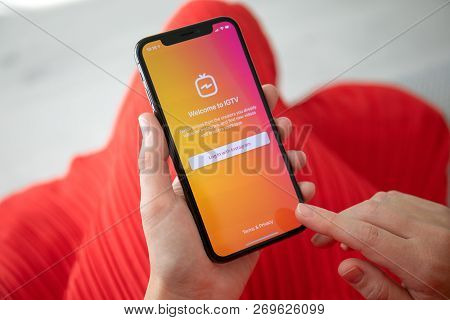 Alushta, Russia - September 27, 2018: Woman Hand Holding Iphone X With Social Networking Service Igt