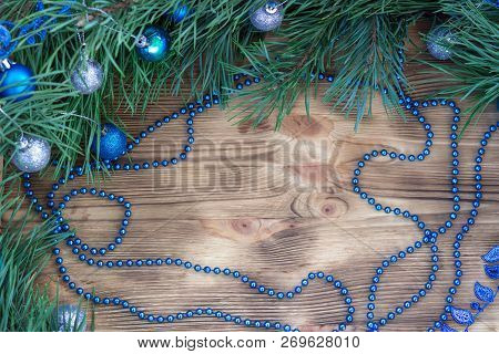 Christmas And New Year Still Life Composition With Two Champaign Glasses, Pine Tree Acerose, Red Row