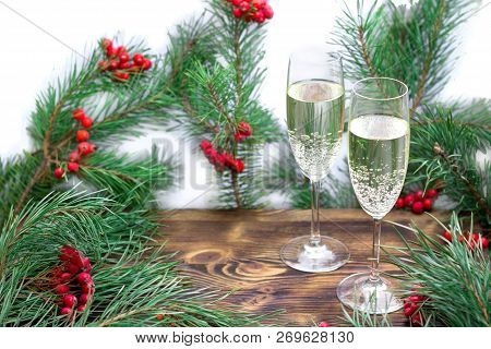 Christmas And New Year Still Life Composition With Two Champaign Glasses, Pine Tree Acerose, Red Row