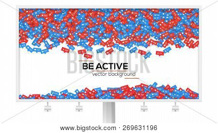Billboard With Abstract Background Filled With Falling From Above Icons Of Social Media Network Acti