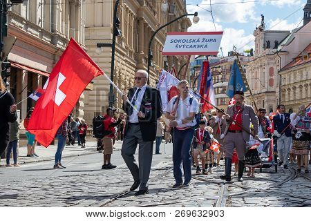 Prague, Czech Republic - July 1, 2018: Swiss Visitors Parading At Sokolsky Slet, A Once-every-six-ye