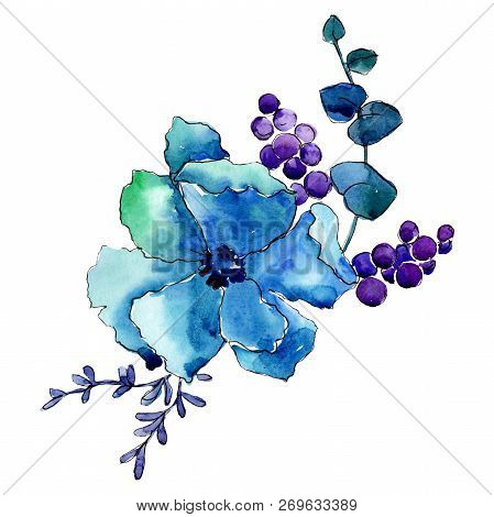 Blule Flower. Bouquet With Green Leaves. Isolated Bouquet Illustration Element. Watercolor Backgroun