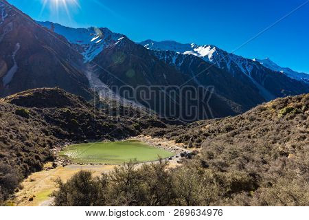 Blue Lakes and the mountains in the Tasman Valley Walk on the way to Tasman Glacier View, South Island, New Zealand