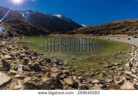 Blue Lakes and the mountains in the Tasman Valley Walk on the way to Tasman Glacier View, South Island, New Zealand