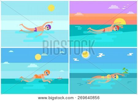 Freestyle And Breaststroke Swimming Styles Set. Swimmers Experts In Sea, Performing Strokes. Butterf